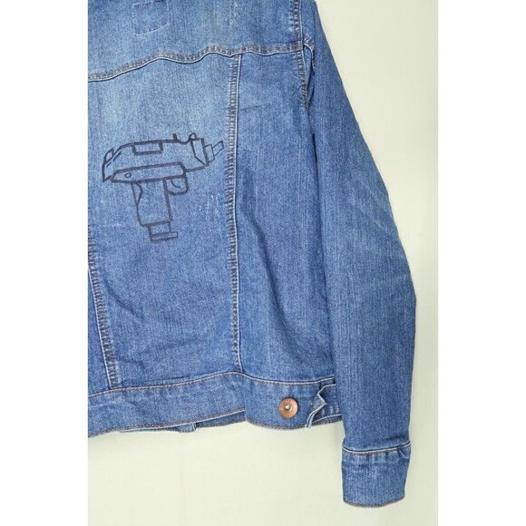 Cavalini Denim Collection Denim Jacket Trucker Distressed Custom Gun Art Small - Picture 10 of 12